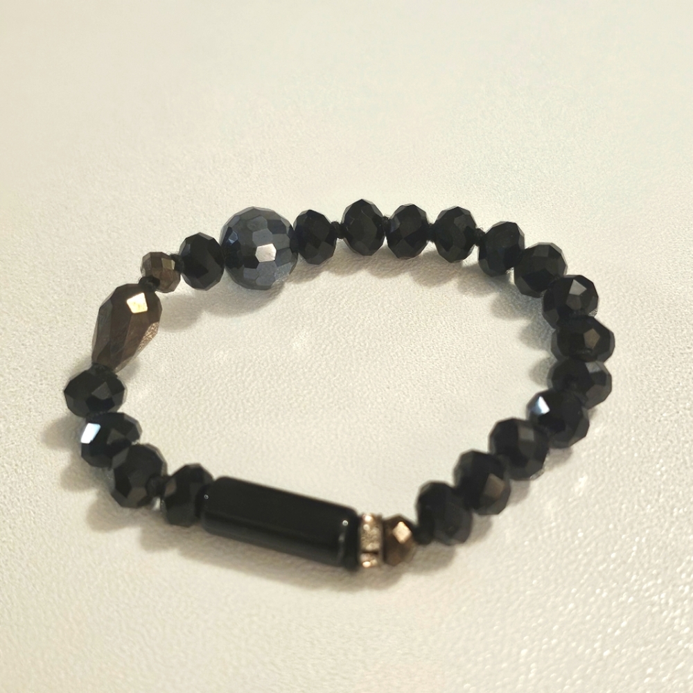 Black Obsidian & Smoky Quartz Strachy Beaded Bracelet. - Picture 2 of 4